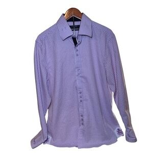 Coogi Button Down Shirt Mens L Purple White Grid Luxe Stretch Embroidered Logo